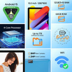 Android 15 Tablet, 10,0-Zoll-Bildschirm, Quad-Core-Prozessor, 12 GB RAM (3 GB+9 GB), 64 GB Speicher, 2MP+8MP Dual-Kameras, 6000 mAh