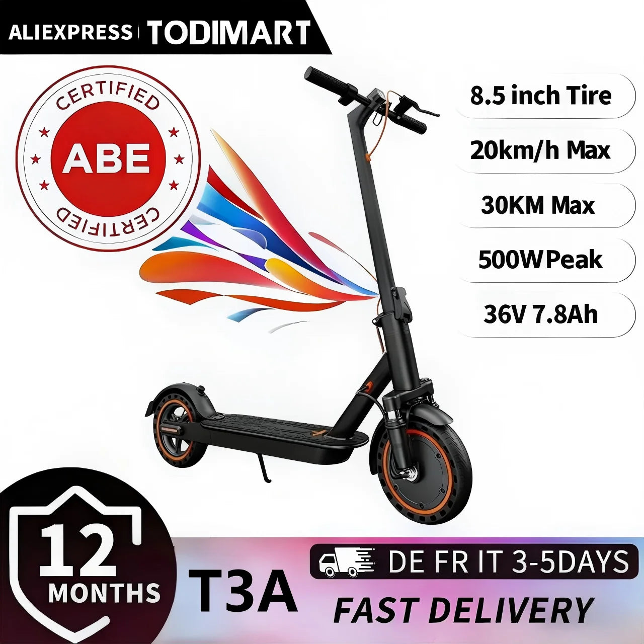 TODIMART T6 ABE E-Scooter Mit Straßenzulassung, 30-35 km Reichweite, 350-500W bürstenloser Motor, Dual-Bremsen und 8,5-Zoll pannensichere Reifen Hauptbild
