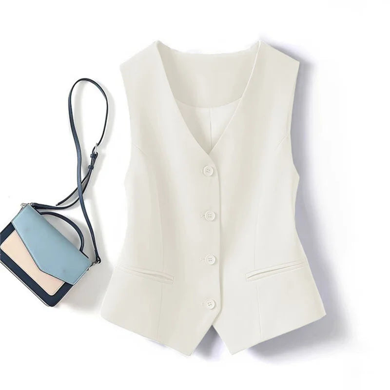 Frühling Sommer Koreanische Mode Weste 2025 Neue Damen Kurze Mode V-Ausschnitt Ärmellose Freizeit Blazer Weste Mäntel Weibliche Oberteile