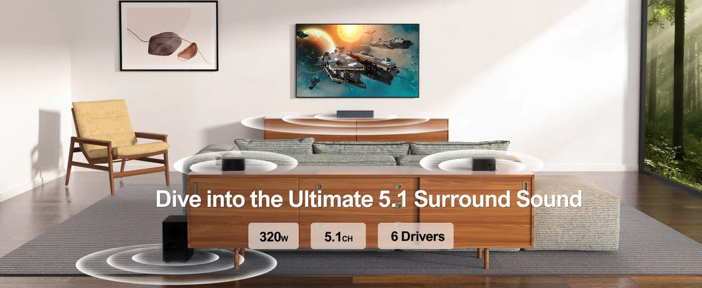 ULTIMEA 5.1 Virtuelle Surround-Soundbar, 3D Surround Sound System, Soundbar für TV mit Subwoofer und Rücklautsprechern, Poseidon D50