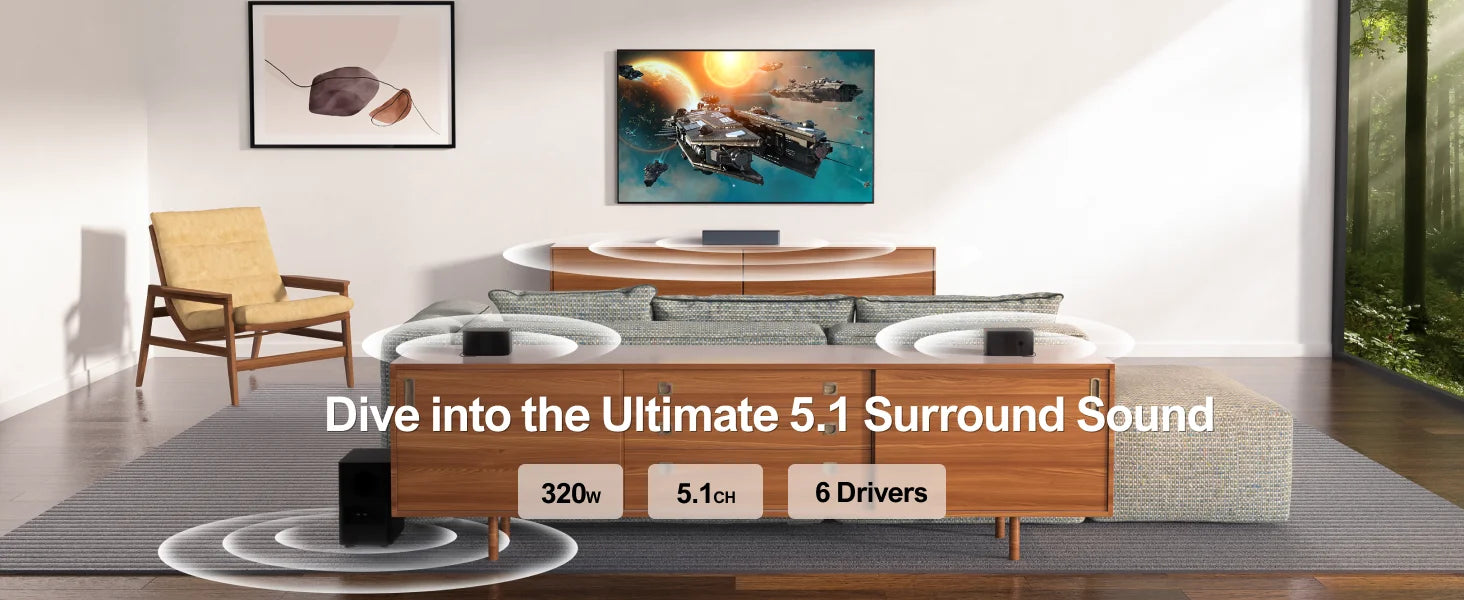 ULTIMEA 5.1 Virtuelle Surround-Soundbar, 3D Surround Sound System, Soundbar für TV mit Subwoofer und Rücklautsprechern, Poseidon D50