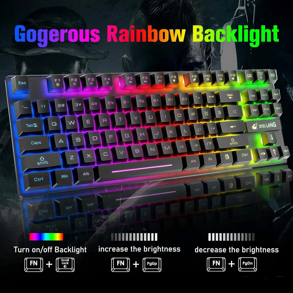 T87 Kabellose Tastatur-Maus-Set, Regenbogen-Hintergrundbeleuchtung, wiederaufladbare 2,4G Gaming-Tastatur, 2400 DPI Optische Gaming-Maus mit Mauspad