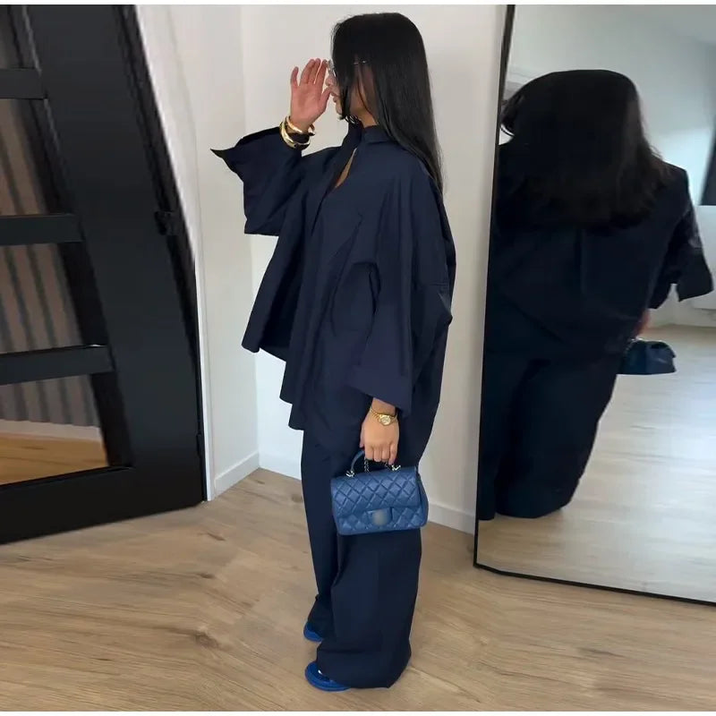 Damen Anzug mit Revers, langen Ärmeln, chic, einreihig, weites Bein, lange Hose, Sets 2026, lässiges, lockeres Outfit für den Alltag
