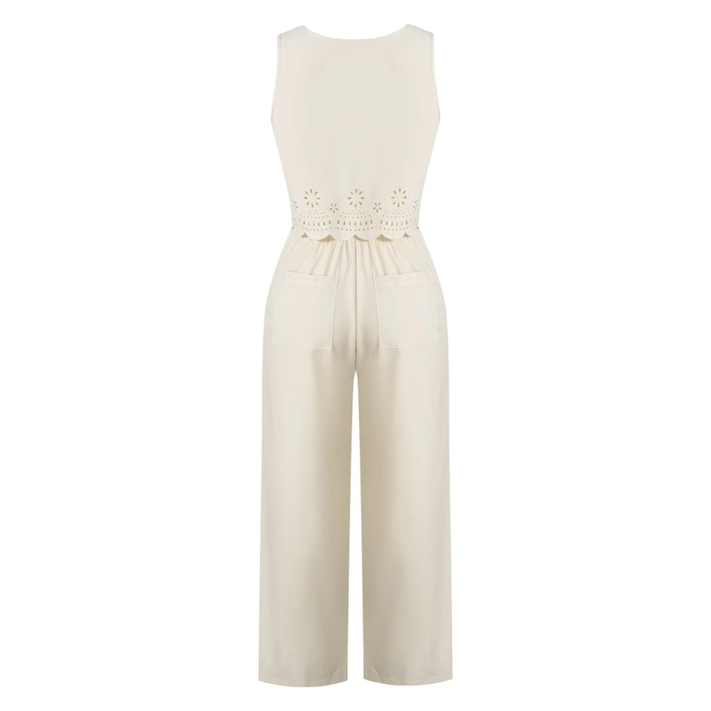 Damen beiges 2-teiliges Set ärmelloses Crop-Top und weite Hose Frühling Sommer Freizeit Pendler Urlaubsoutfit