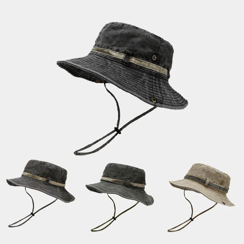1pc Sun Hat Boonie Hat Washed Bucket Hat Packable Outdoor Fishing Hunting Hat Strap Adjustable Chin Strap for Men and Women