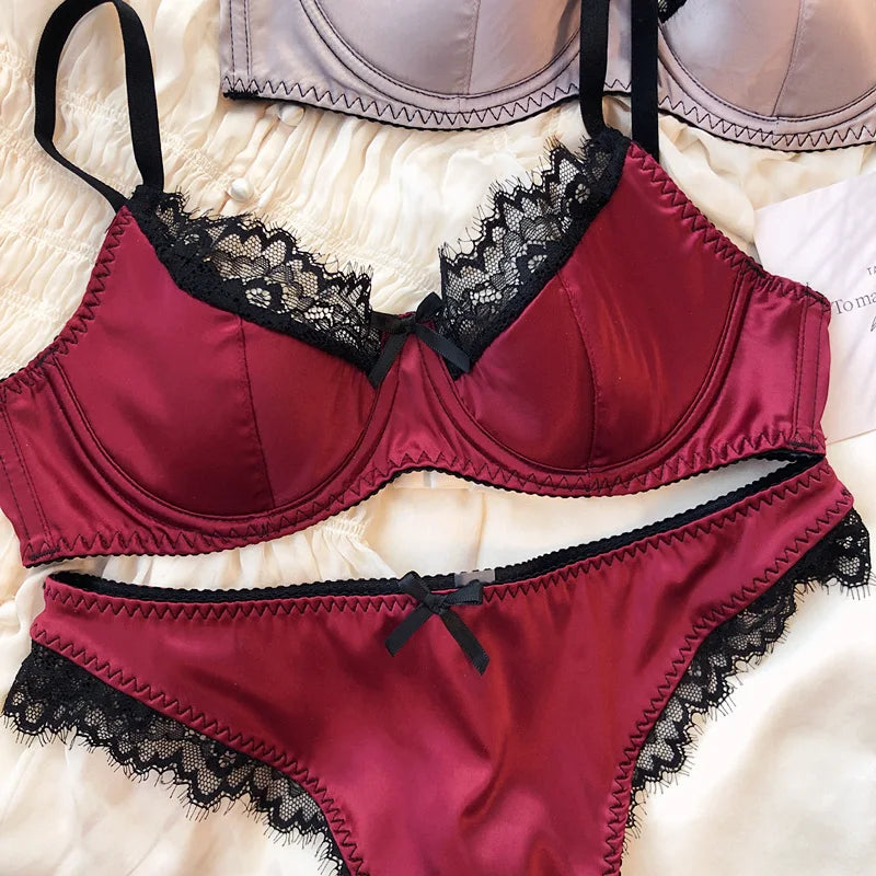 Französisches Dessous-Set mit dünnen Cups, sexy Spitze, Push-up-BH, Mode für Damen, Seidenstoff, Unterwäsche, hochwertige Intimates, BHs und Höschen