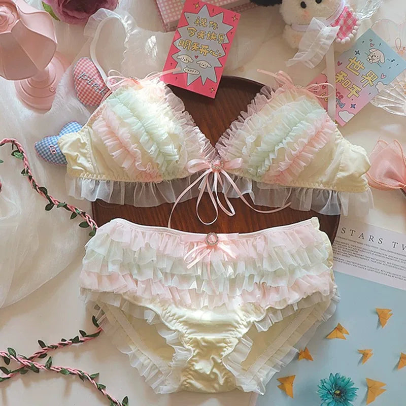 Japanischer Lolita-Stil Prinzessinnen-Dessous-Set Damen Pure Desire Kuchenschicht Spitze Mesh Baumwolle Schritt Party BH und Höschen Set Niedlich