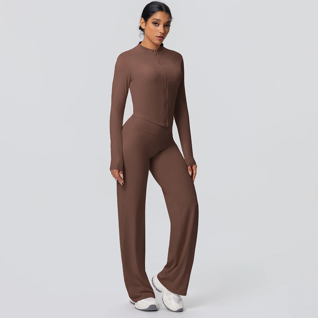 2-teiliges schnelltrocknendes Sport-Fitness-Bekleidung Yoga-Set Damen Yoga Reißverschluss Langarm High Waisted atmungsaktive weite Hose Set