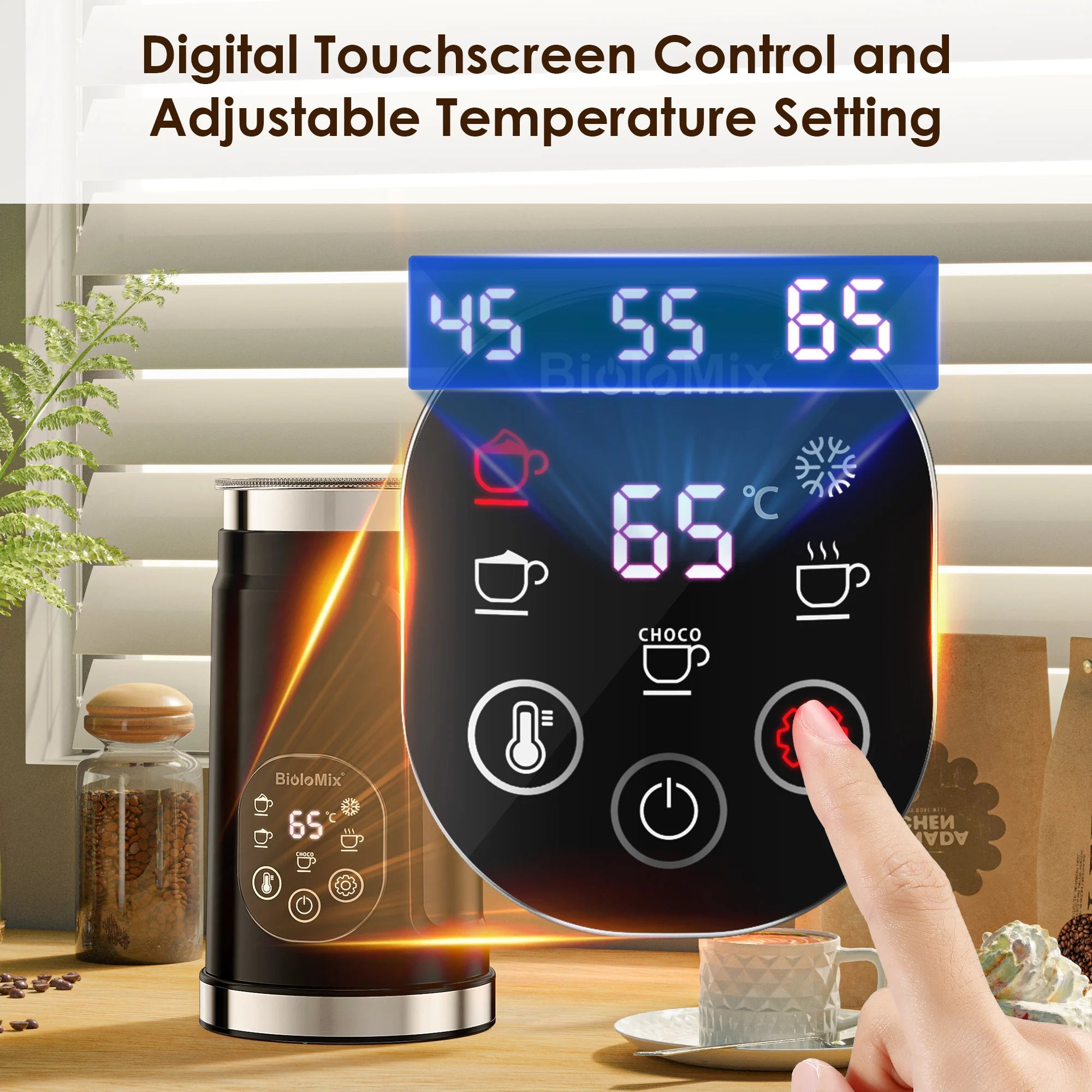 BioloMix 5-in-1 smarter Milchaufschäumer mit LED-Touch-Display, stilvoller Schaum für Kaffee & Lattes, Heiß- und Kaltschaumbereiter
