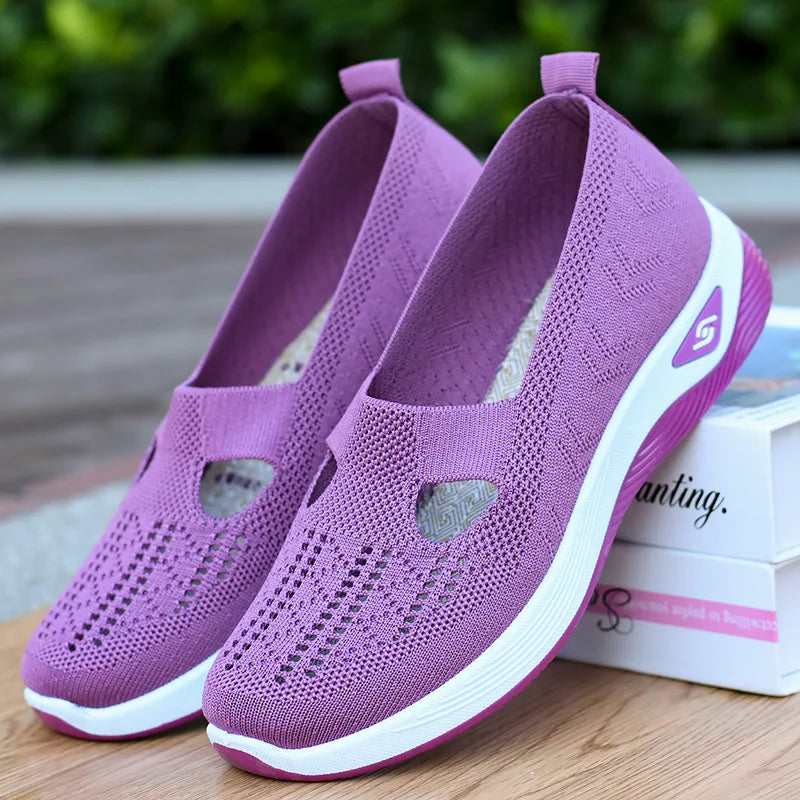 Damen Neue Sommerschuhe Mesh Atmungsaktive Sneaker Leichte Slip-on Plateau Freizeitschuhe Damen Rutschfeste Gehschuhe Gewebte Schuhe