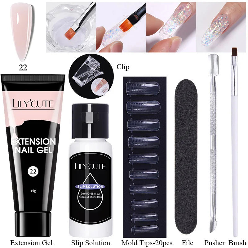 LILYCUTE 15ml Verlängerungsgel-Nagellack-Set Quick Nail Prolong mit Verlängerungsform-Nagelspitzen Acryl-Lösung Maniküre-Werkzeug-Kit