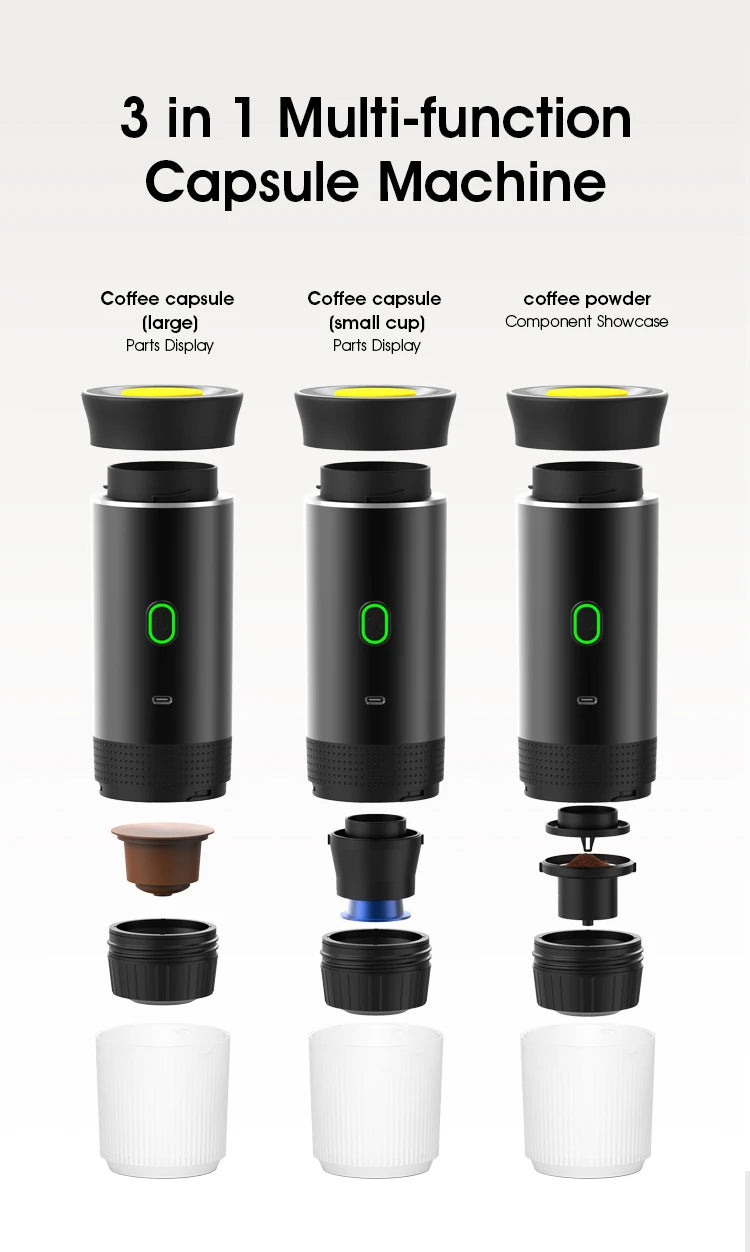 Kabellose elektrische tragbare Espresso-Kaffeemaschine für Auto & Zuhause, Camping-Kaffeemaschine, 3-in-1 Kapsel-Pulver-Reisekaffeemaschine