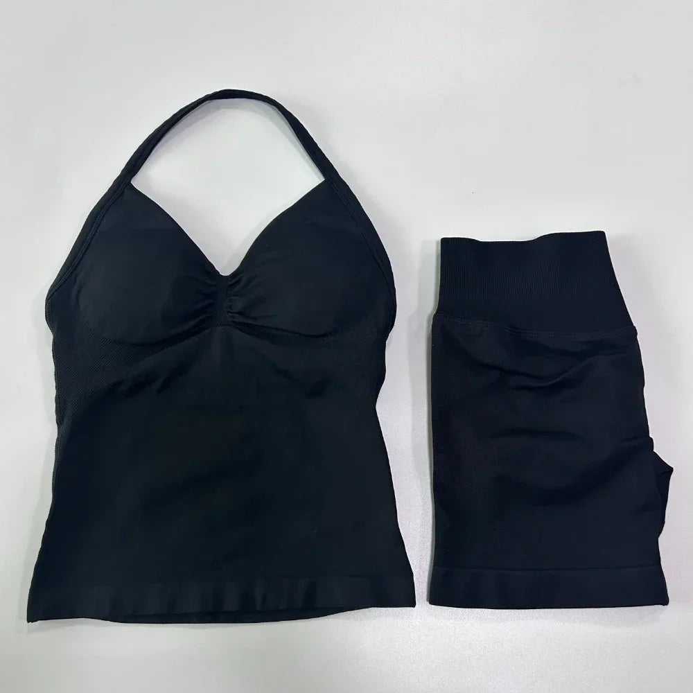 No Logo 2-teiliges Sportset Damen Rückenloses Tanktop Hohe Taille Scrunch Nahtlose Shorts Gym Set Sportbekleidung Workout Set Yoga