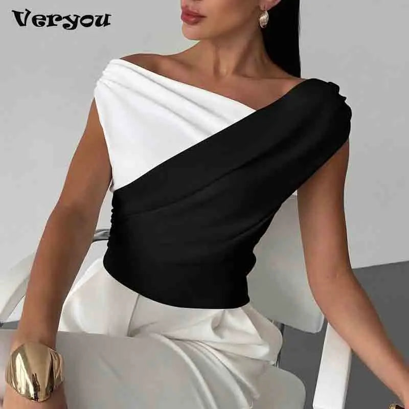 Sexy Kurzarm-Shirt Damen schulterfrei Patchwork Farbe Basic Tops Frau Sommer Blusen Weiblich Elegantes Hemd Hauptbild