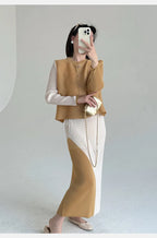 Khaki Beige Plissierte Rundhals-Knopfweste & Plissierter Color-Block-Rock Zweiteiler Fließendes Co-ord Set Minimalistisch Chic Trendy Täglich 2026