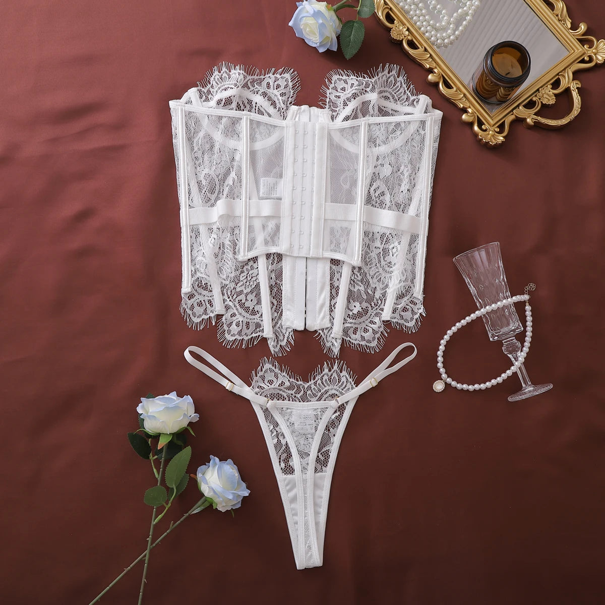 Ellolace Palace Damen Dessous Sets Weidenkorsett String 2-teiliges Set Sexy Heiß Trägerlos Spitze Ausgefallener tiefer V-Ausschnitt Damen Unterwäsche
