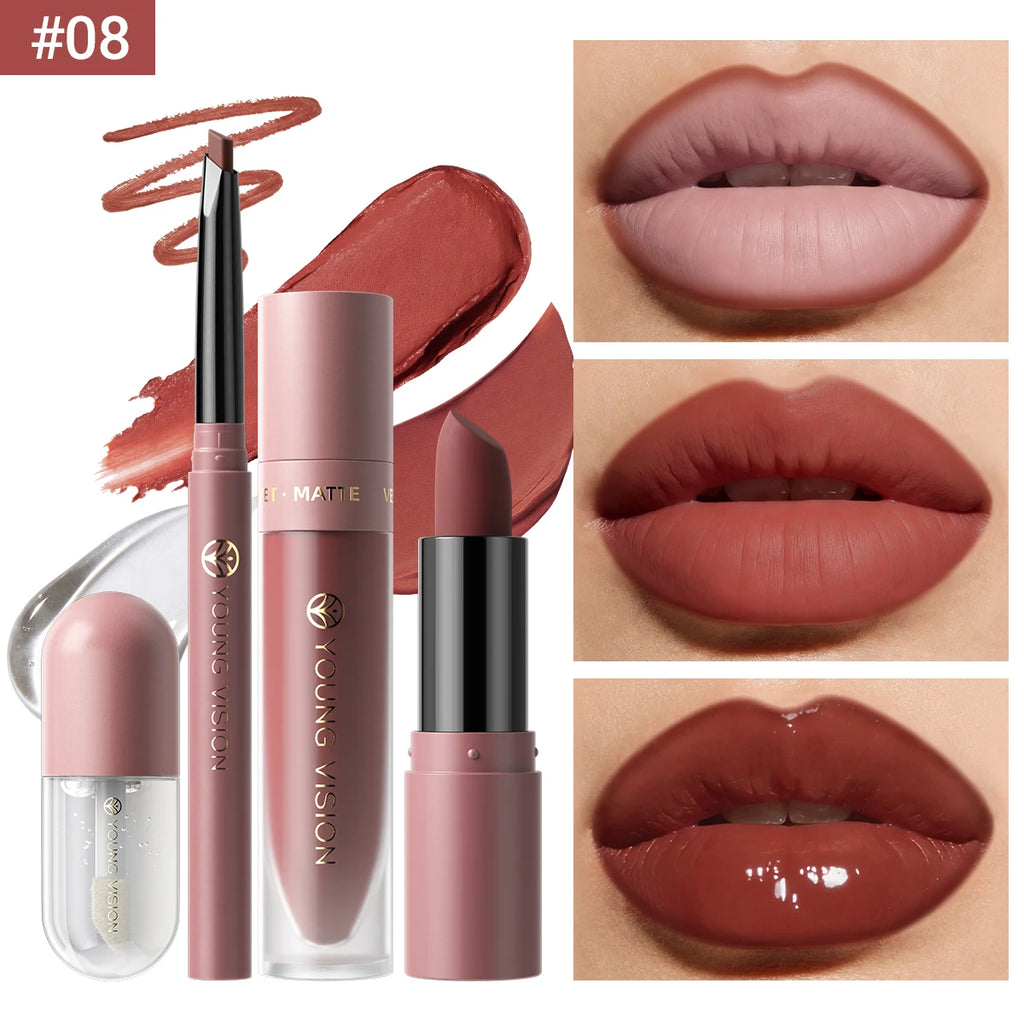 4tlg. Set Langanhaltendes Wasserdichtes Lippen-Make-up-Kit – Weicher, geschmeidiger cremiger Lippenstift & Lipgloss Lip Oil Set