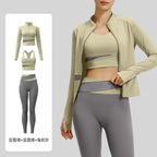 Yoga Set 3-teilig, Gym Kleidung, Sportbekleidung, Yoga Anzüge für Damen, Langarm Crop Top, Fitness Set, Trainingsanzüge, Sport-BH, Gym Leggings