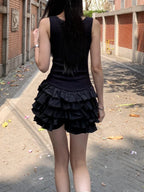Chic Y2K Ärmelloses Minikleid für Damen Sommer Schwarze Kleider Sexy Clubwear Party Slim Fit Rüschen Plissiertes Kurzes Kleid