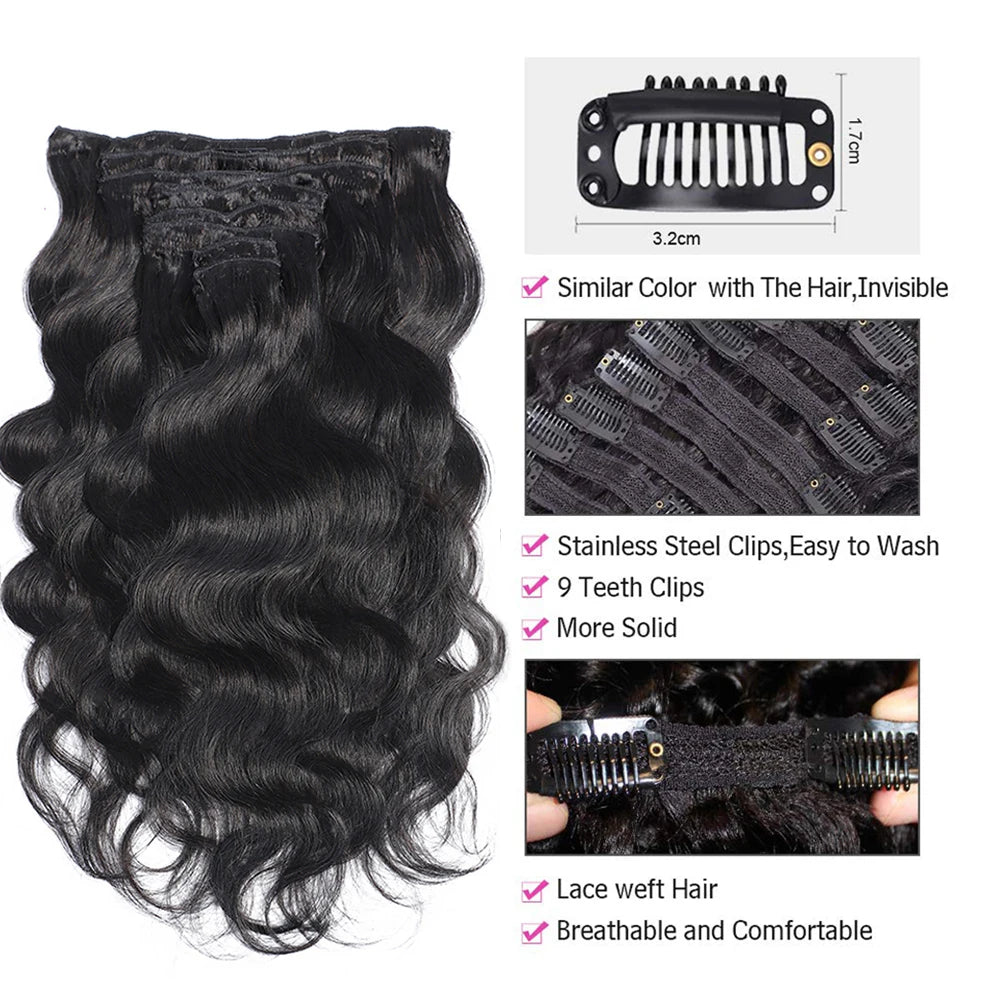 Wellenförmige Clip-in-Echthaarverlängerungen Clip Ins 120 Gramm Body Wave 18 Zoll 8 Stück Naturschwarz 100% Echthaar