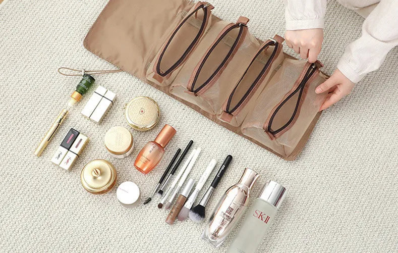 4-in-1 Kosmetiktasche für Damen, Reißverschluss, Netz, trennbare Kosmetiktasche, faltbare Nylon-Tasche, Seil-Make-up-Tasche, Kosmetyczka