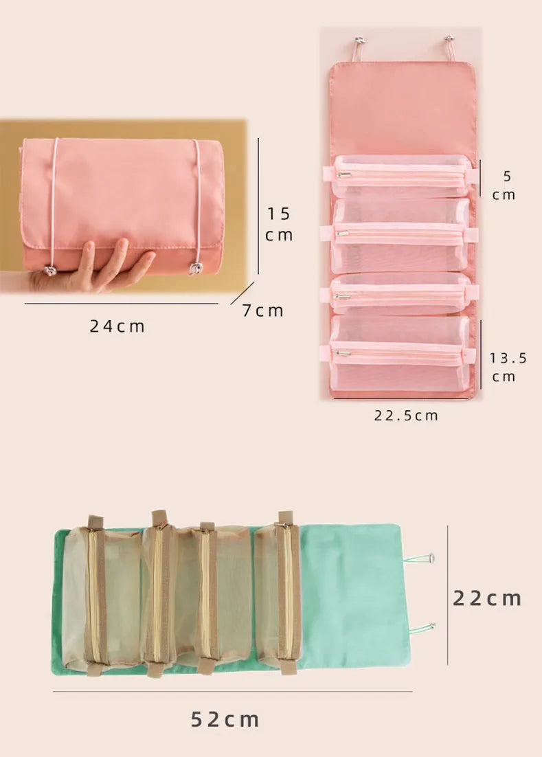 4-in-1 Kosmetiktasche für Damen, Reißverschluss, Netz, trennbare Kosmetiktasche, faltbare Nylon-Tasche, Seil-Make-up-Tasche, Kosmetyczka