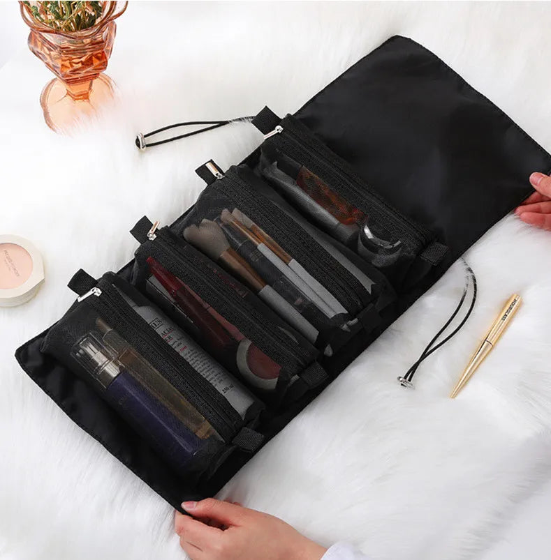 4-in-1 Kosmetiktasche für Damen, Reißverschluss, Netz, trennbare Kosmetiktasche, faltbare Nylon-Tasche, Seil-Make-up-Tasche, Kosmetyczka
