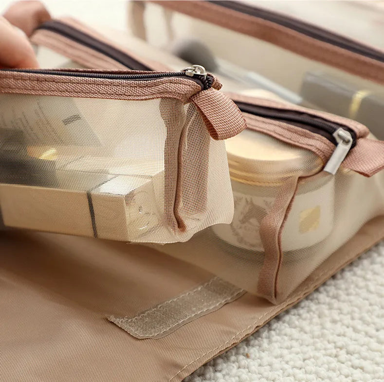 4-in-1 Kosmetiktasche für Damen, Reißverschluss, Netz, trennbare Kosmetiktasche, faltbare Nylon-Tasche, Seil-Make-up-Tasche, Kosmetyczka