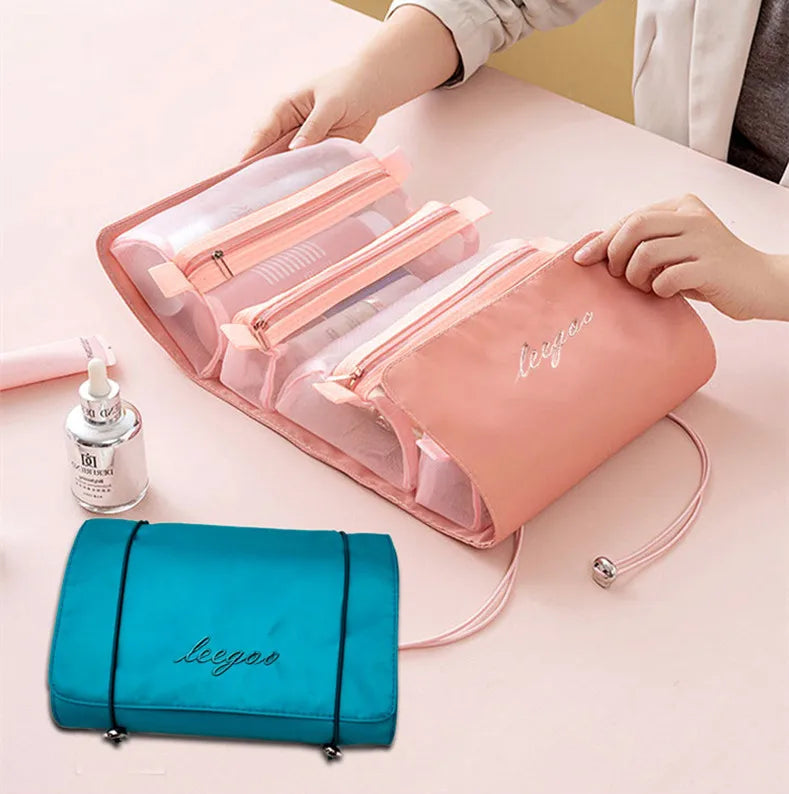 4-in-1 Kosmetiktasche für Damen, Reißverschluss, Netz, trennbare Kosmetiktasche, faltbare Nylon-Tasche, Seil-Make-up-Tasche, Kosmetyczka