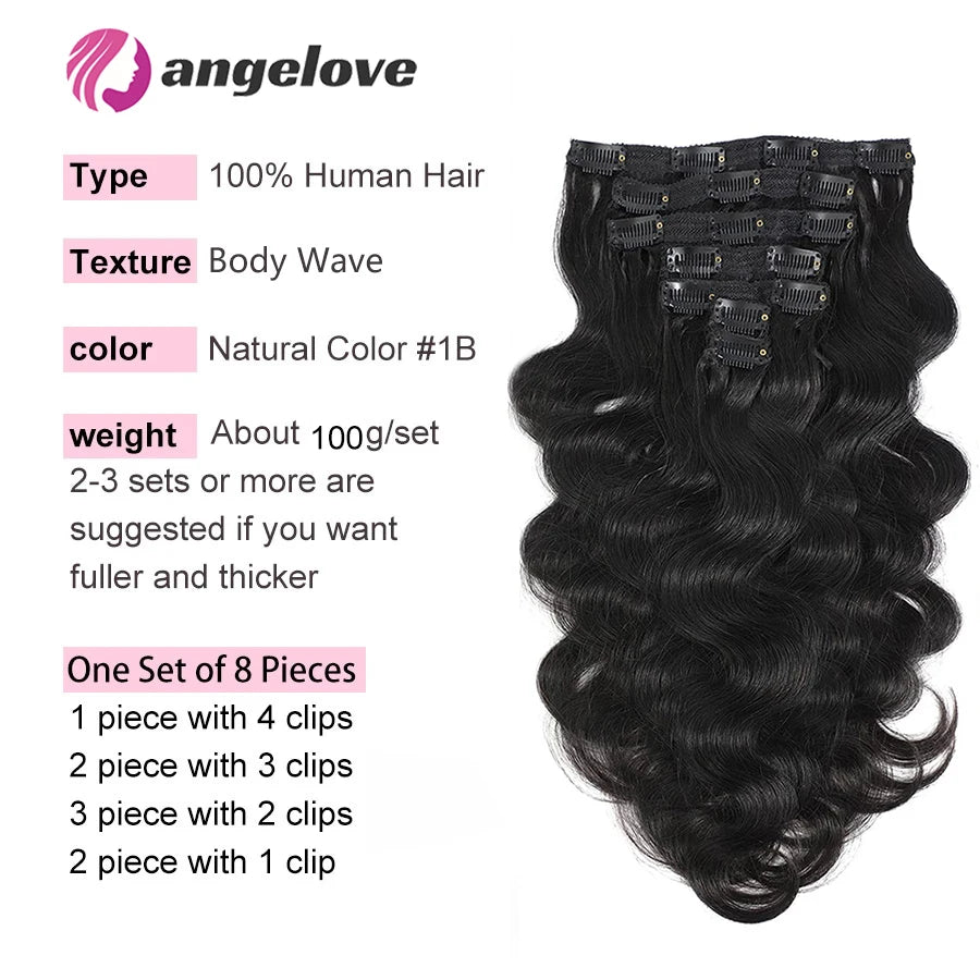 Wellenförmige Clip-in-Echthaarverlängerungen Clip Ins 120 Gramm Body Wave 18 Zoll 8 Stück Naturschwarz 100% Echthaar