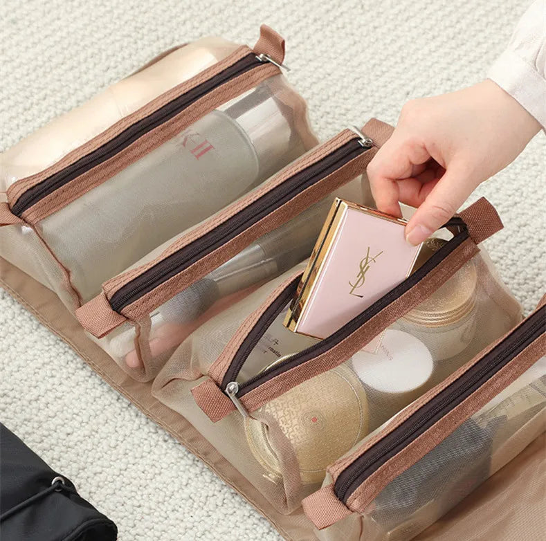 4-in-1 Kosmetiktasche für Damen, Reißverschluss, Netz, trennbare Kosmetiktasche, faltbare Nylon-Tasche, Seil-Make-up-Tasche, Kosmetyczka