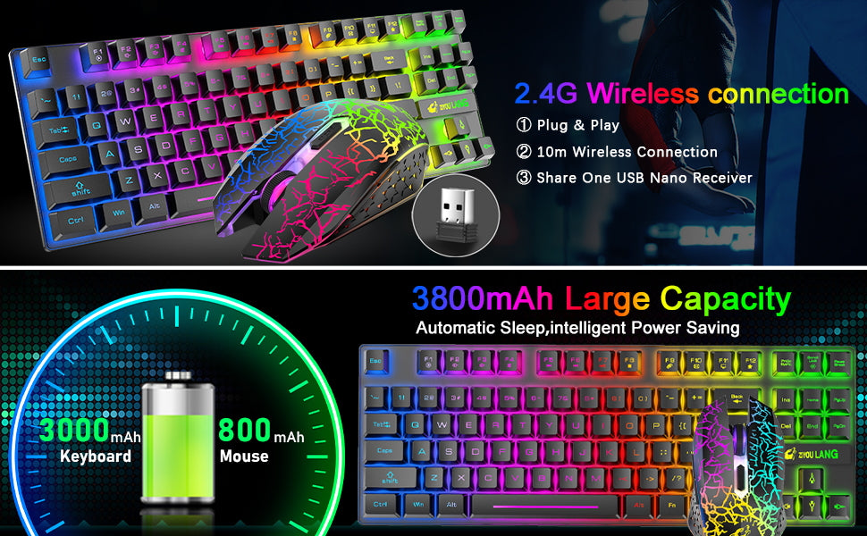 T87 Kabellose Tastatur-Maus-Set, Regenbogen-Hintergrundbeleuchtung, wiederaufladbare 2,4G Gaming-Tastatur, 2400 DPI Optische Gaming-Maus mit Mauspad