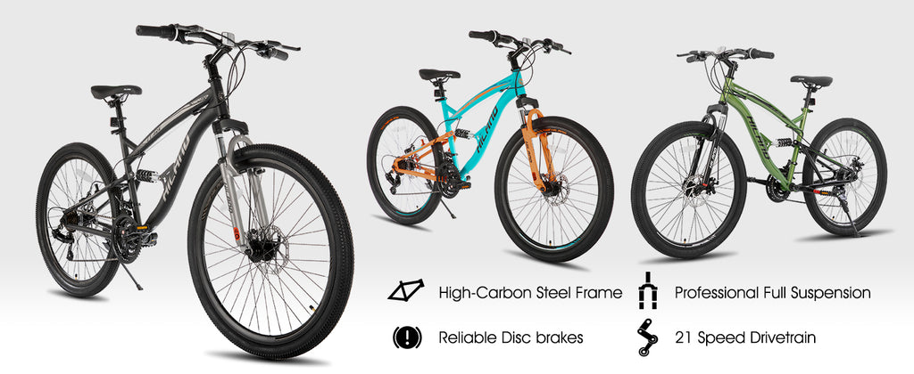 Hiland Mountainbike mit Vollfederung für Herren, 21 Gänge, 26 Zoll Laufrad, Scheibenbremsen vorne und hinten, für Herren, Damen, Erwachsene