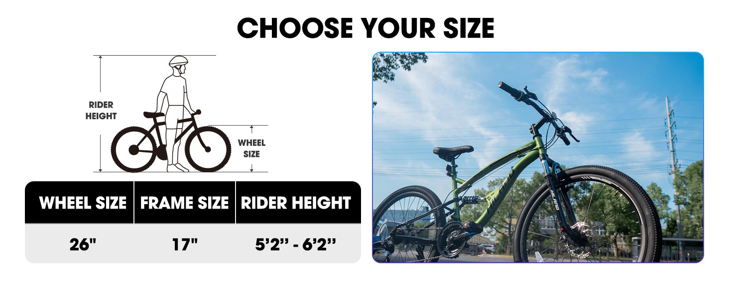 Hiland Mountainbike mit Vollfederung für Herren, 21 Gänge, 26 Zoll Laufrad, Scheibenbremsen vorne und hinten, für Herren, Damen, Erwachsene