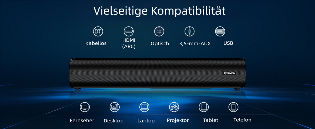 Redragon GS821 Computer-Soundbar – Hi-Fi-Stereo-PC-Lautsprecher mit BT 5.3, optischem/HDMI ARC/AUX/USB-Anschluss, 3 EQ-Modi,