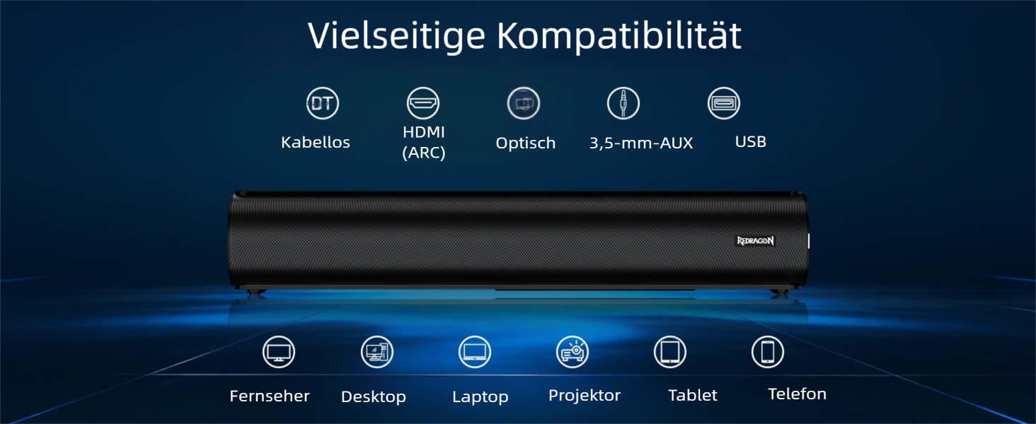 Redragon GS821 Computer-Soundbar – Hi-Fi-Stereo-PC-Lautsprecher mit BT 5.3, optischem/HDMI ARC/AUX/USB-Anschluss, 3 EQ-Modi,