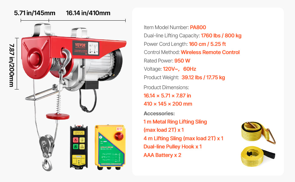 VEVOR 600/800/1000 kg Elektrischer Kabelseilzug Hebezug mit Funkfernbedienung und Not-Aus für Garage Lager Heben