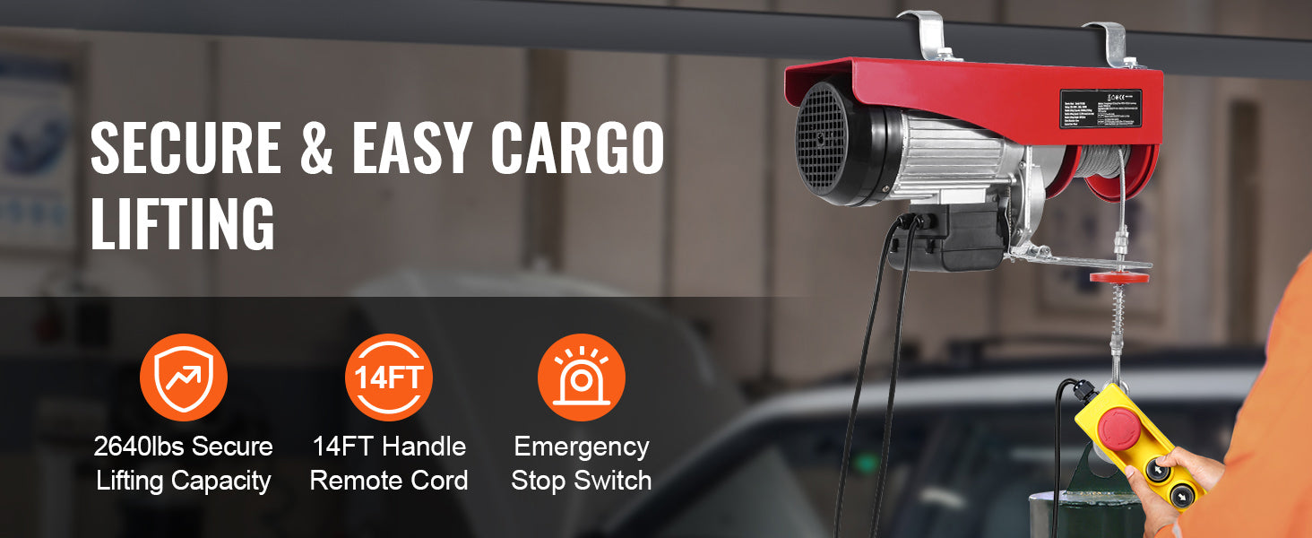 SucceBuy 2640Lbs Elektrischer Hebezug Winde 230V mit 4,2m Kabelfernbedienung 12,2m Einzelkabel Hubhöhe Hebezug für Garage