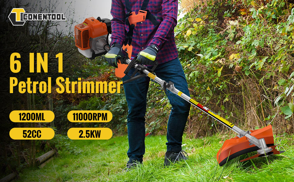 CONENTOOL 6in1 Benzin Motorsense 52cc 2-Takt Benzin Rasentrimmer Multifunktionaler Garten Grastrimmer Heckenschere Baumschneidewerkzeug